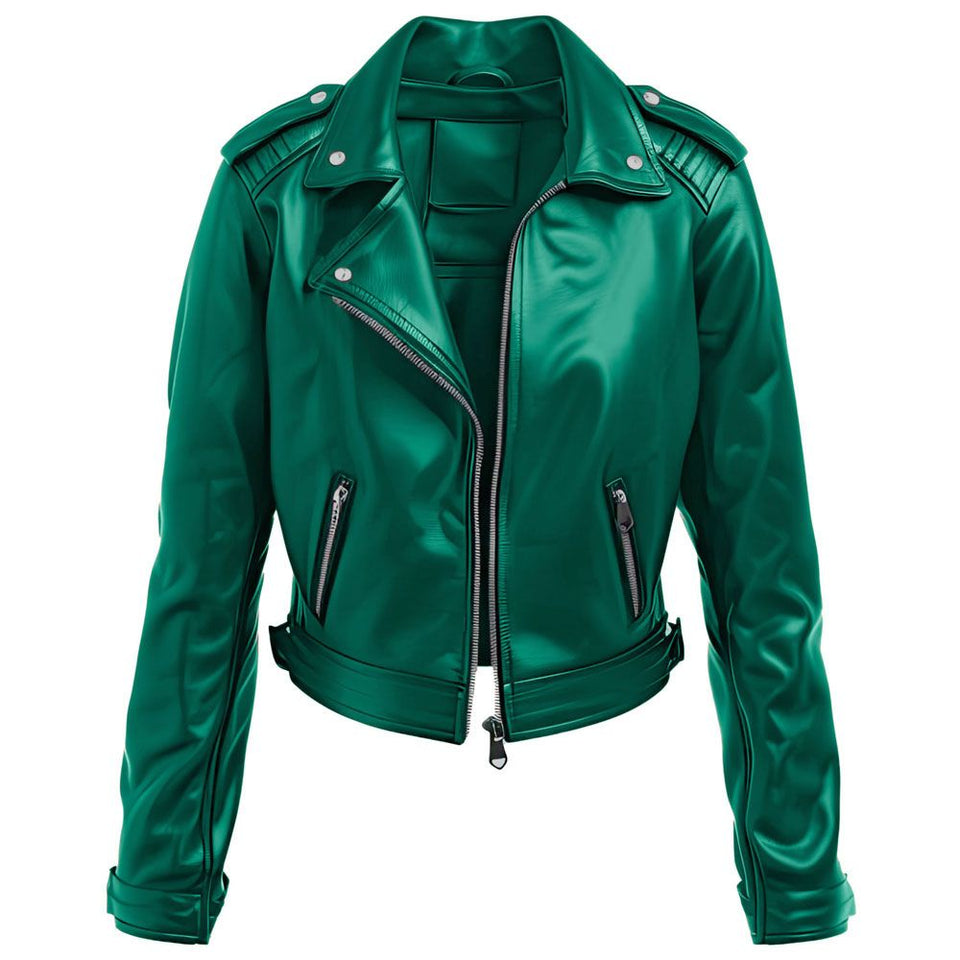 Rich Emerald Green Motorcycle Pure Sheepskin Leather Jacket For Women