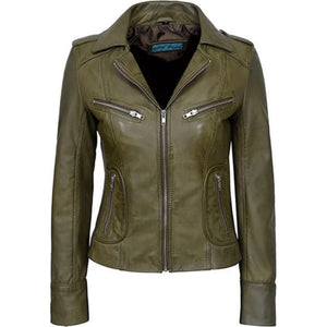 Rider Lightweight Olive Green Pure Sheepskin Leather Jacket For Women