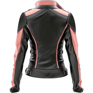 Pink-Black Paneled Genuine Sheepskin Biker Leather Jacket For Women