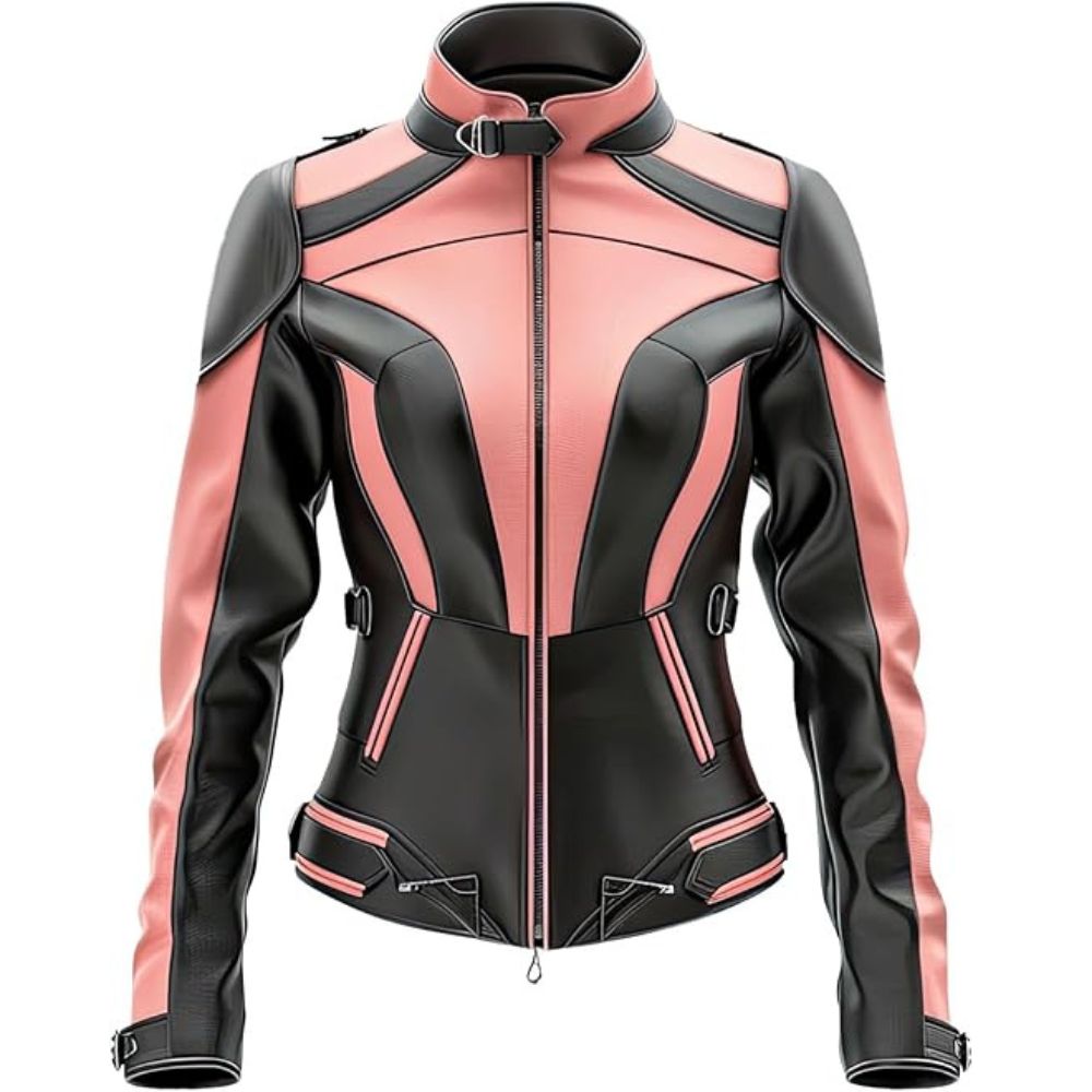 Pink-Black Paneled Genuine Sheepskin Biker Leather Jacket For Women