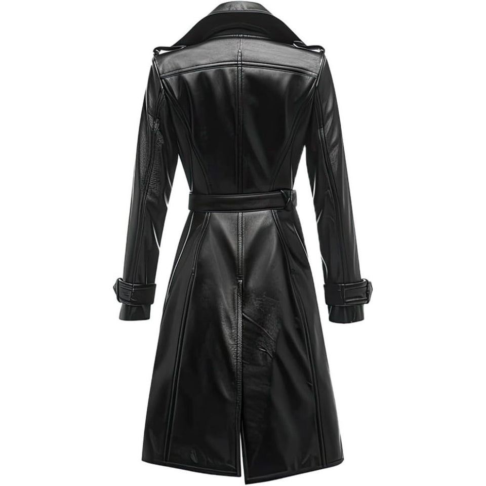 Classic Black Pure Sheepskin Knee Length Trench Leather Coat For women