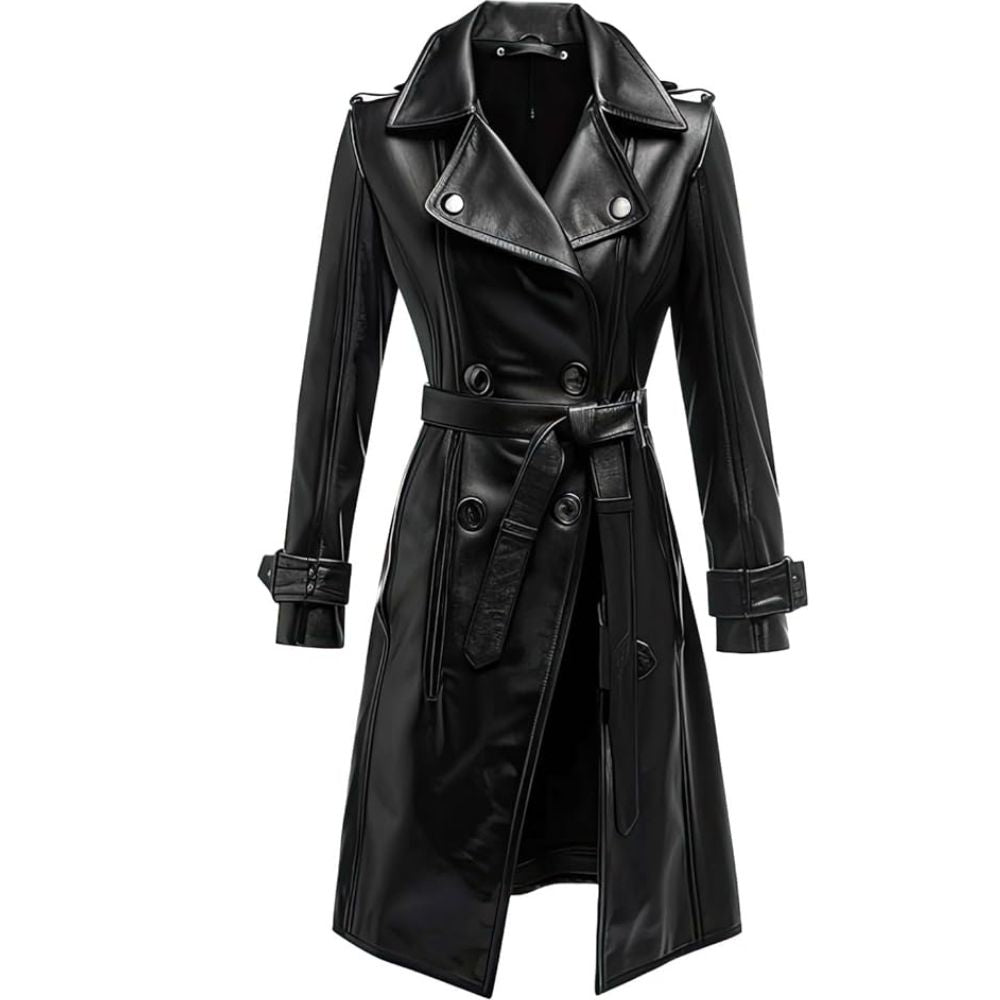 Classic Black Pure Sheepskin Knee Length Trench Leather Coat For women