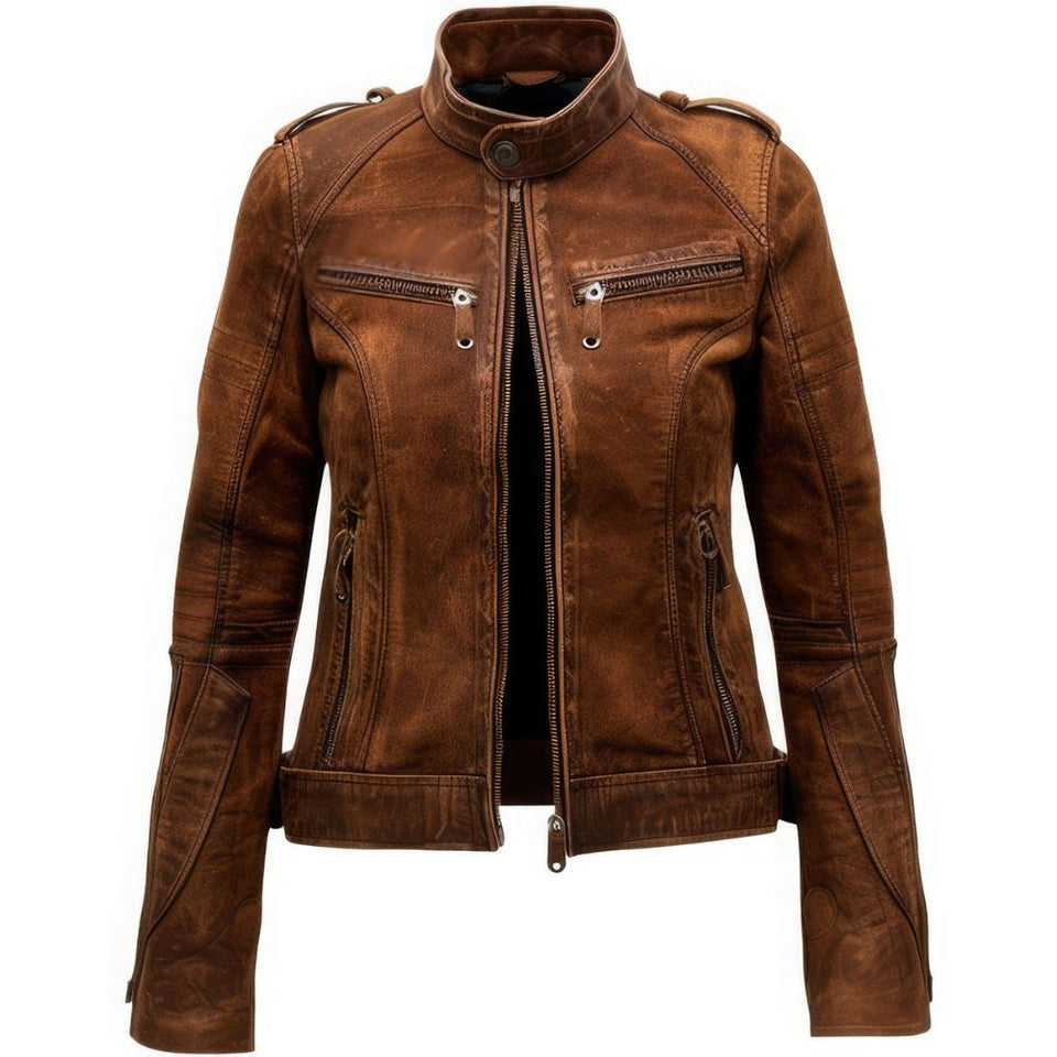 Winter Classic Distressed Brown Genuine Suede Leather Jacket For Women