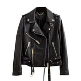 Classic Belted Black Biker Genuine Sheepskin Leather Jacket For Women