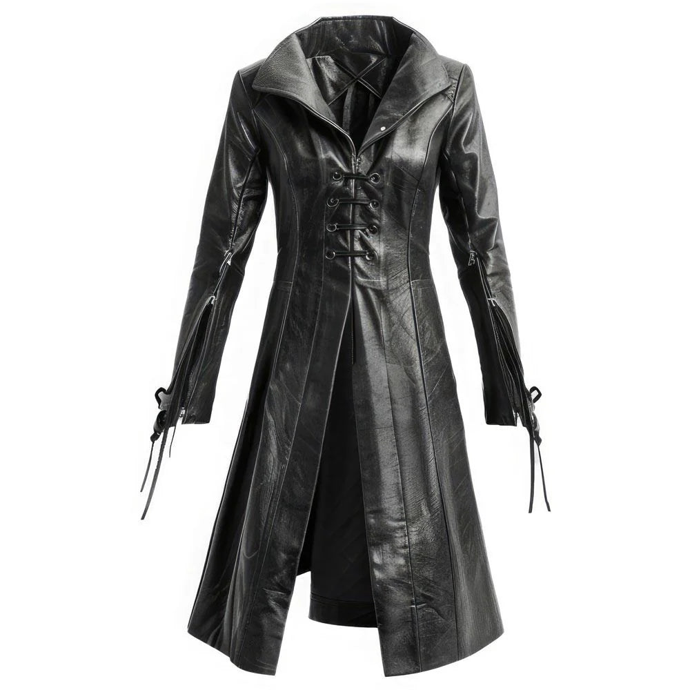 Gothic Chic Black Genuine Sheepskin Long Leather Trench Coat For women