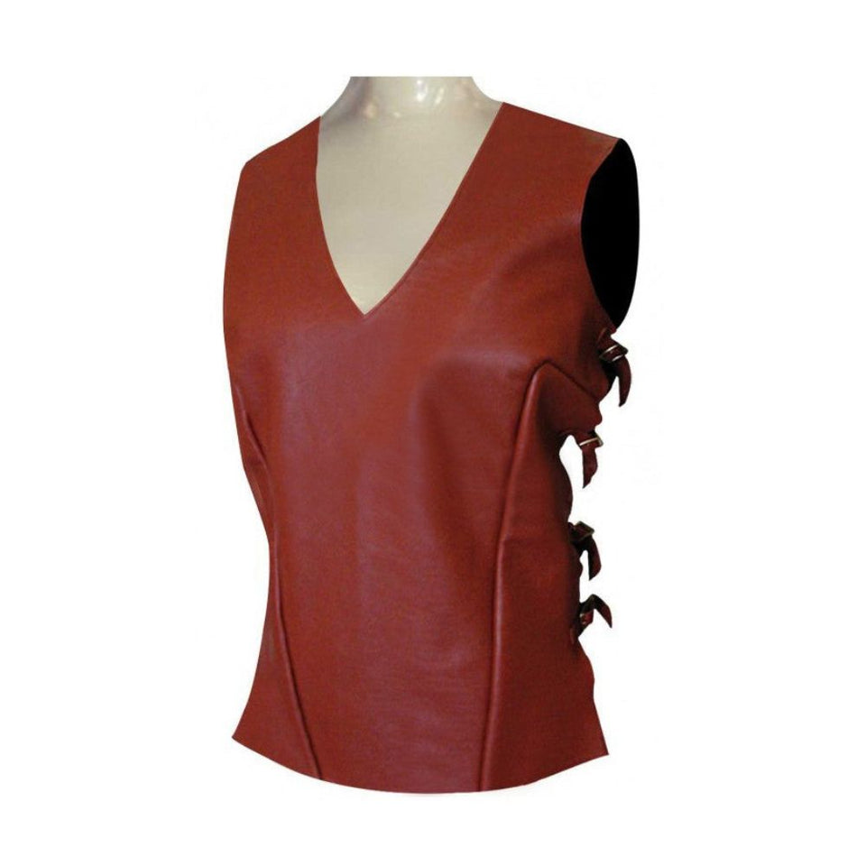 Maroon Sleeveless Slim-Fit Genuine Sheepskin Leather Vest For Women