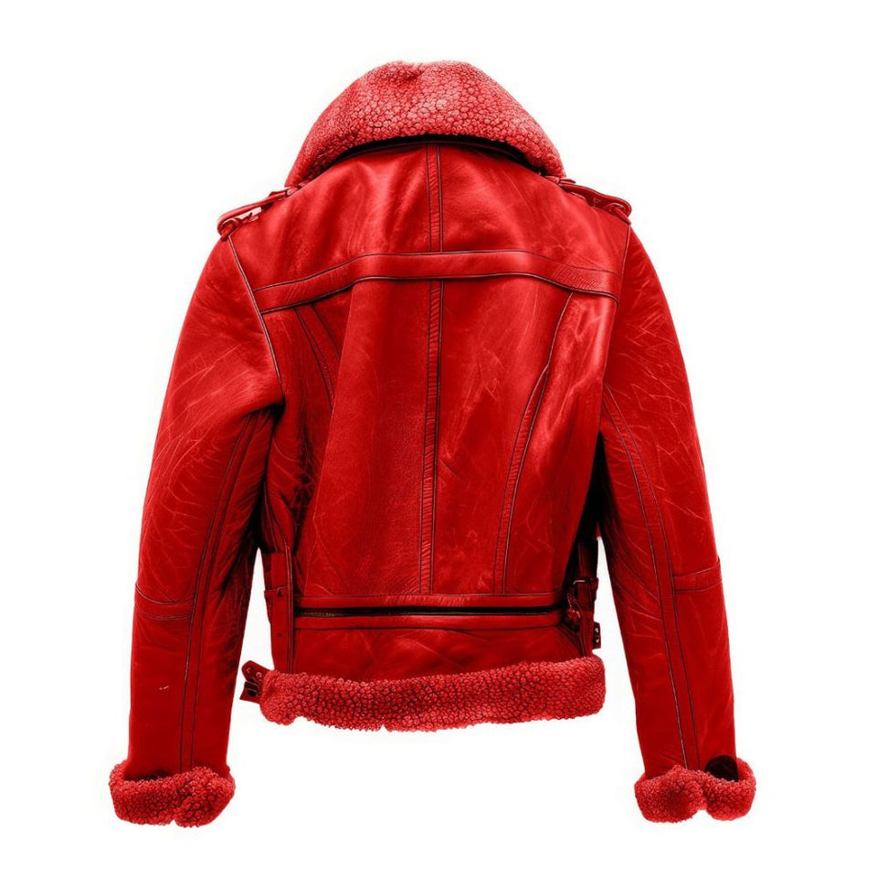 Winter Red Pure Sheepskin Faux Shearling Fur Leather Jacket For Women