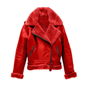 Winter Red Pure Sheepskin Faux Shearling Fur Leather Jacket For Women