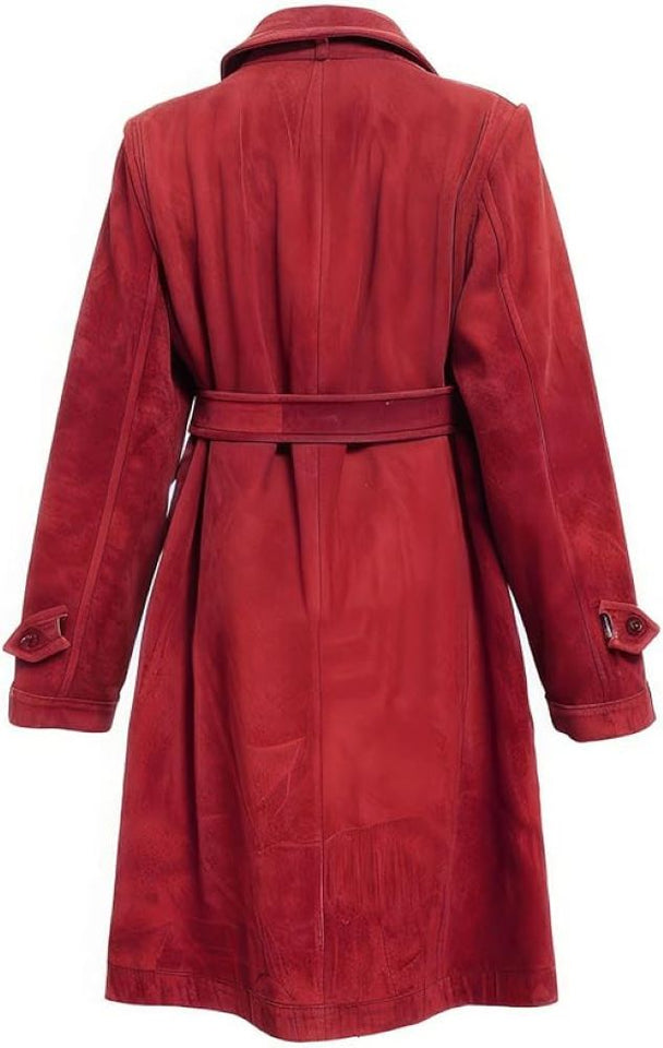 Red Genuine Suede Elegant Crossover Lapel Collar Trench Coat For Women