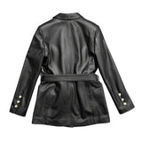 Winter Solid Black Safari Belted Pure Sheepskin Leather Coat For Women