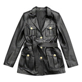 Winter Solid Black Safari Belted Pure Sheepskin Leather Coat For Women