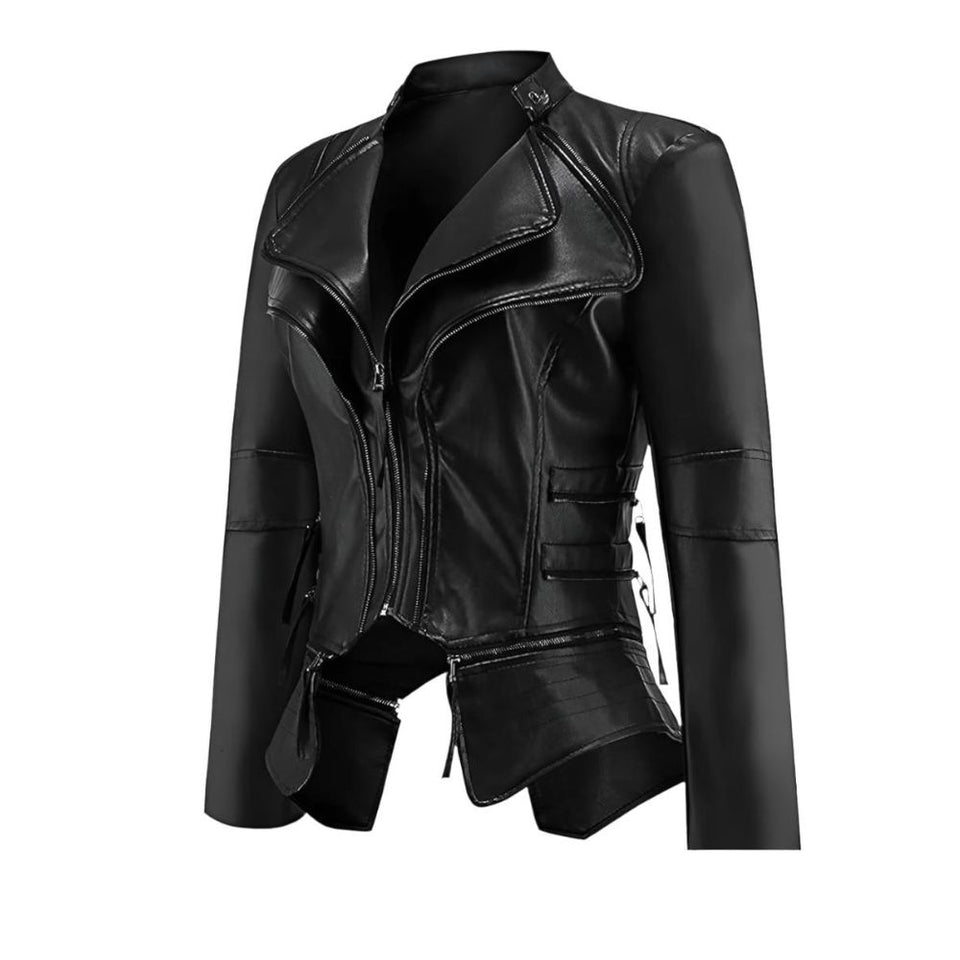 Winter Black Gothic Biker Genuine Sheepskin Leather Jacket For Women