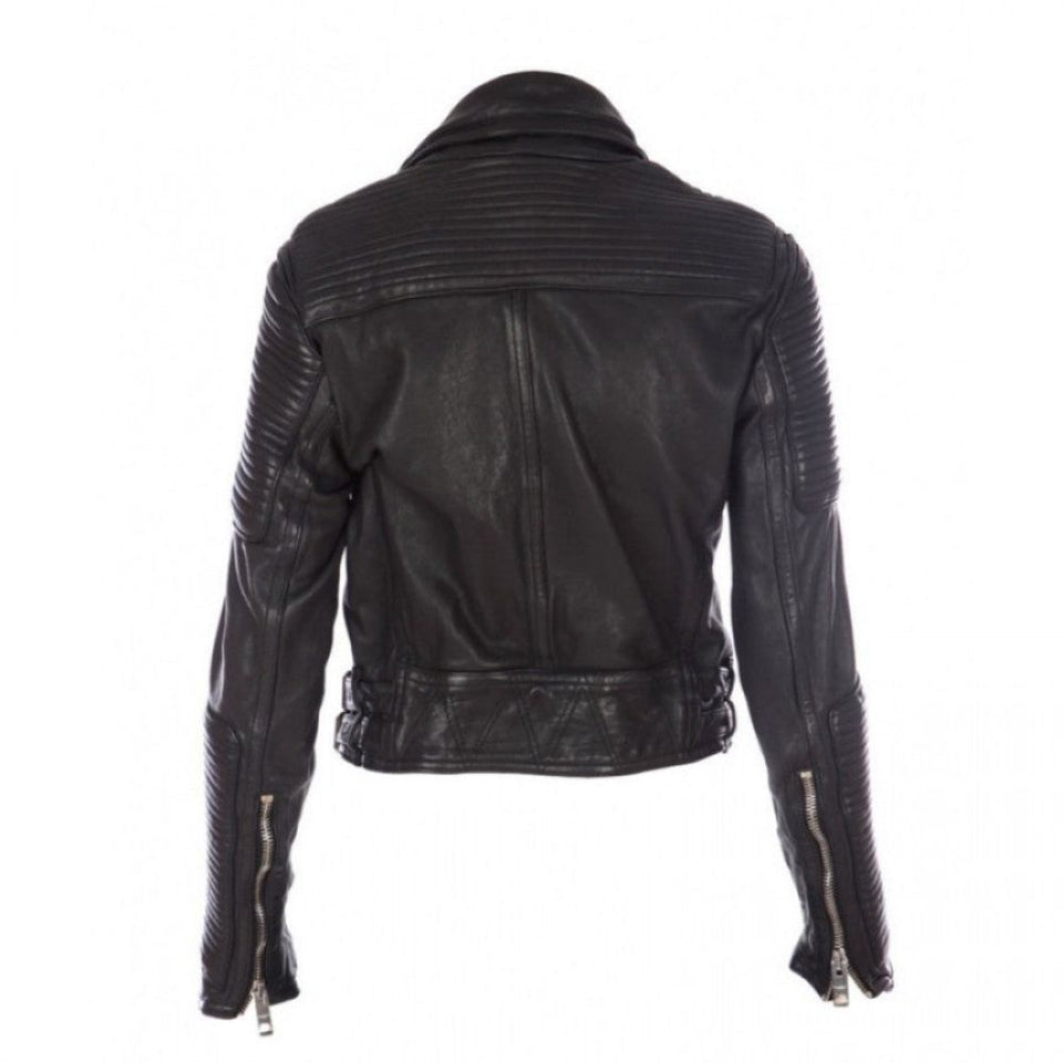 Black Quilted Motorcycle Genuine Sheepskin Leather Jacket For Women