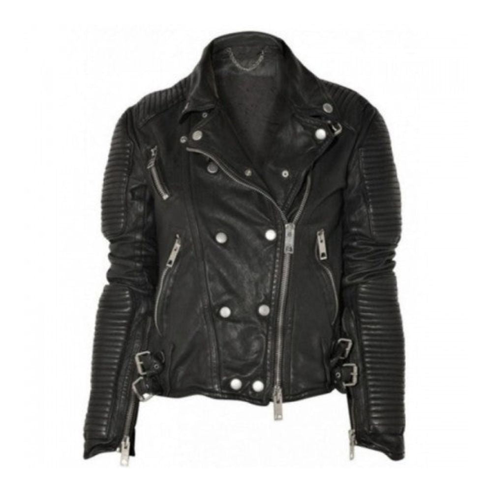 Black Quilted Motorcycle Genuine Sheepskin Leather Jacket For Women