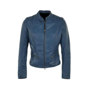 Winter Retro Blue Motorcycle Pure Sheepskin Leather Jacket For Women