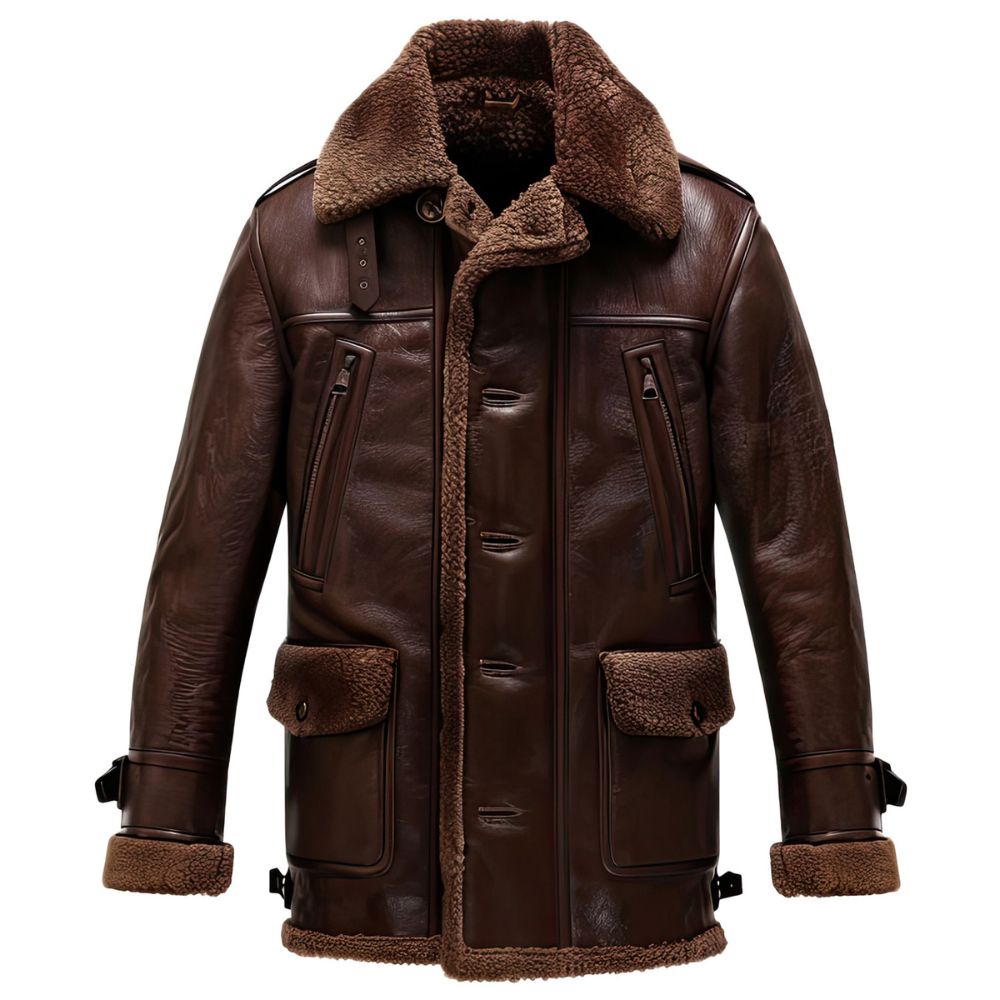 Dark Brown Faux Shearling Fur Flight Pure Cowhide Leather Coat For Men