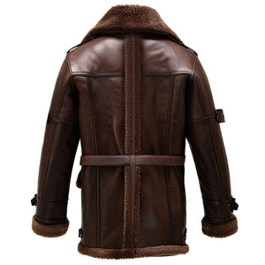 Dark Brown Faux Shearling Fur Flight Pure Cowhide Leather Coat For Men