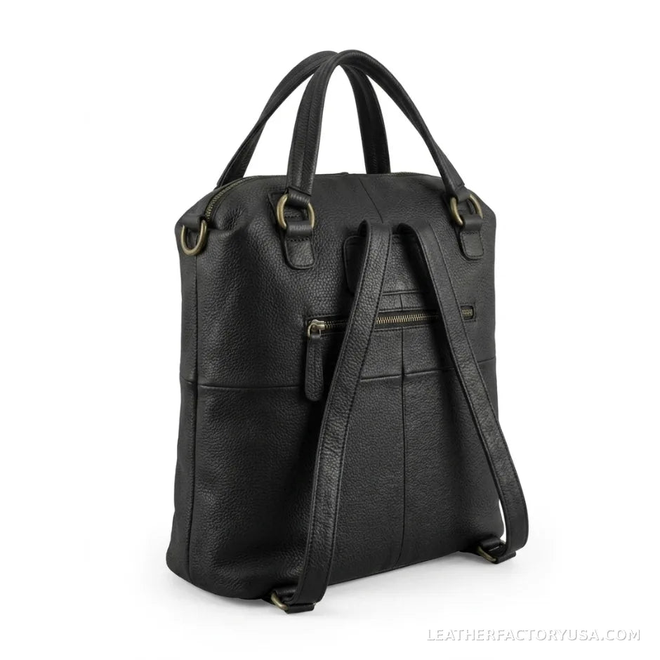 Black convertible leather backpack purse – back view with backpack straps and zip pocket