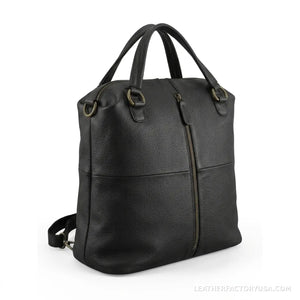 Black convertible leather backpack purse – front view with vertical zip pocket