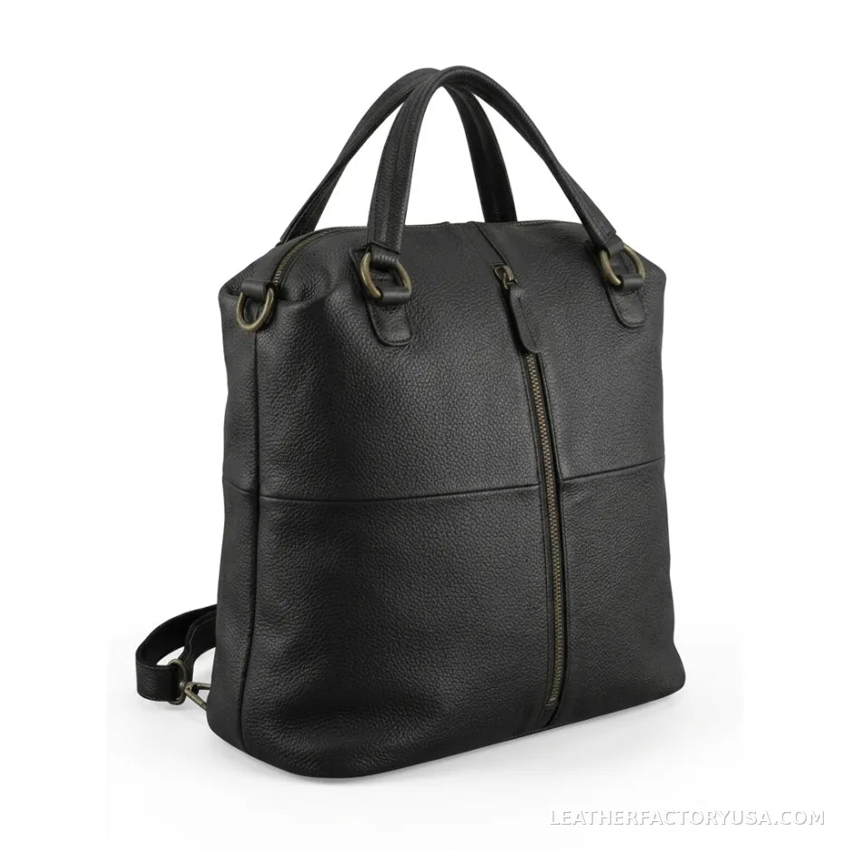 Black convertible leather backpack purse – front view with vertical zip pocket