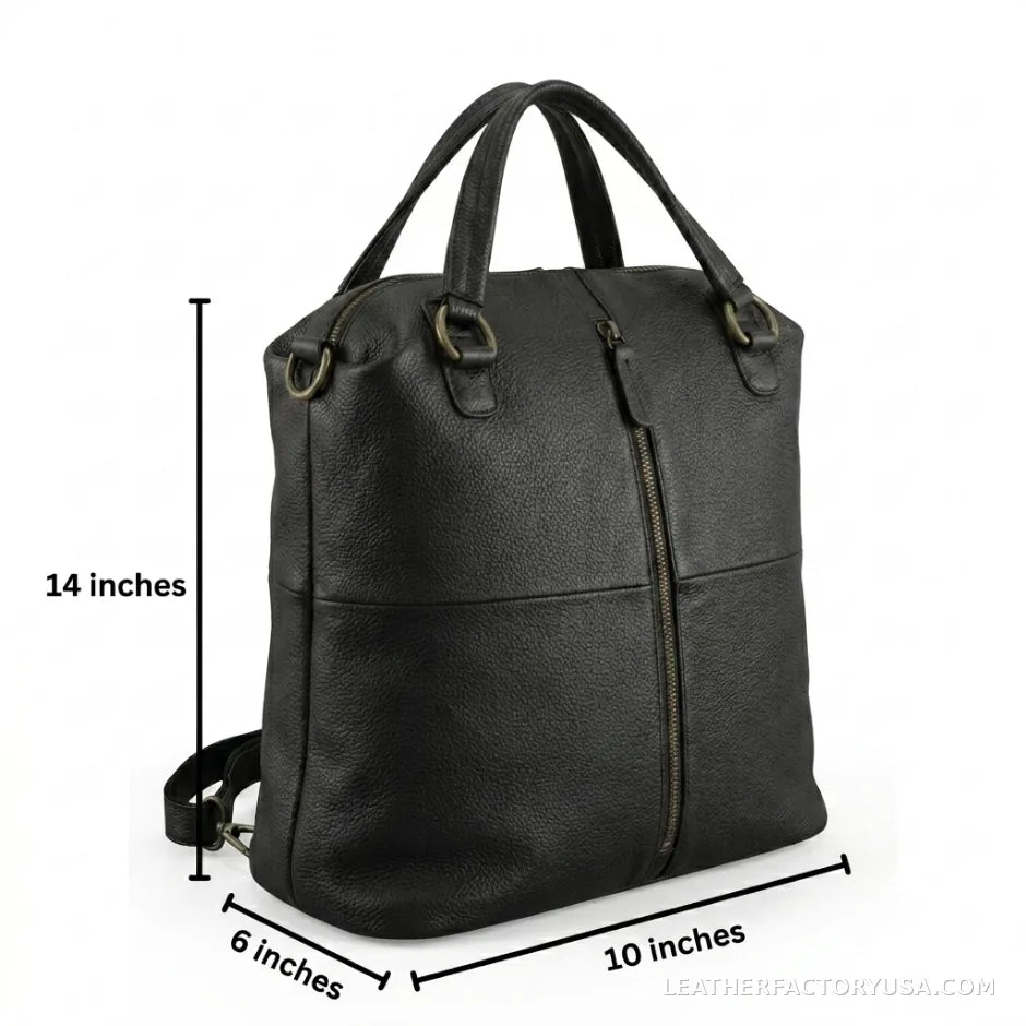 Black convertible leather backpack purse – dimensions 14 x 10 x 6 inches