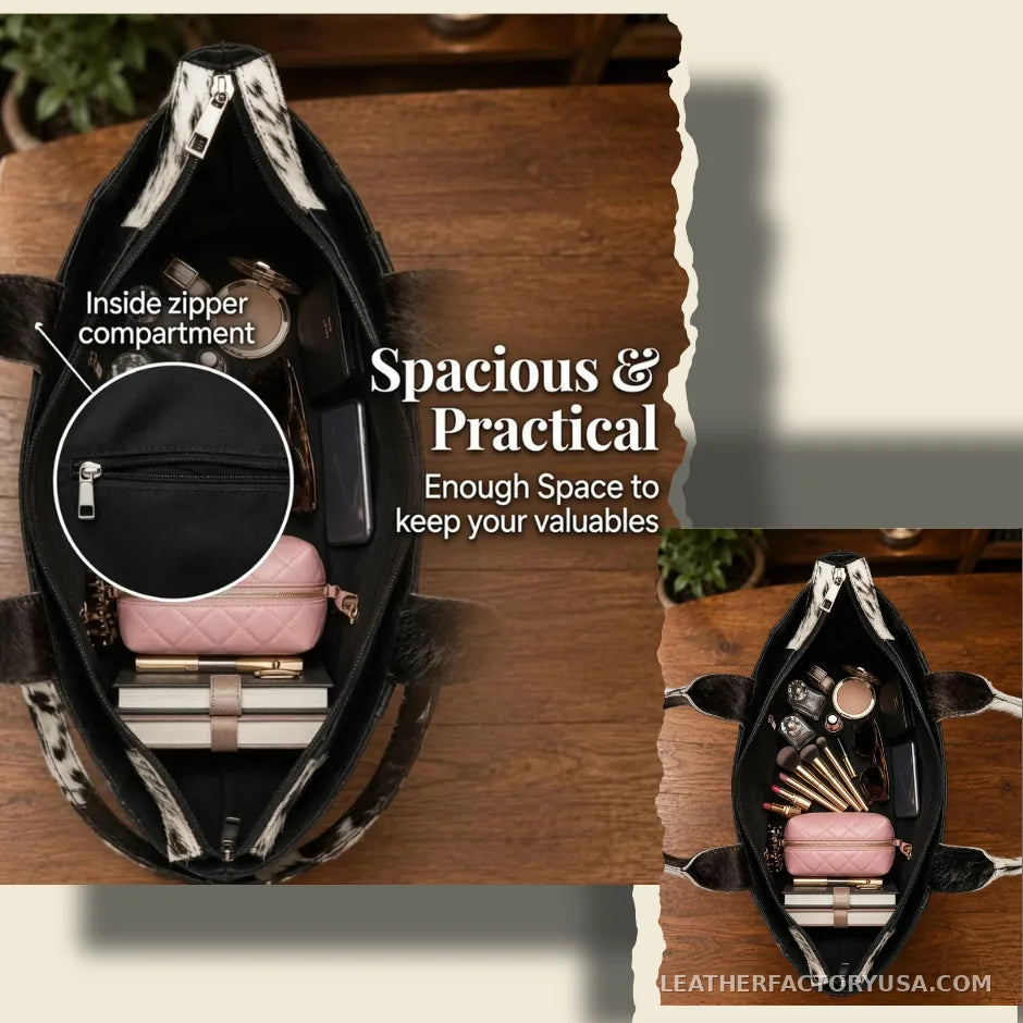 Black and white hair-on cowhide backpack purse – open interior with inside zip pocket
