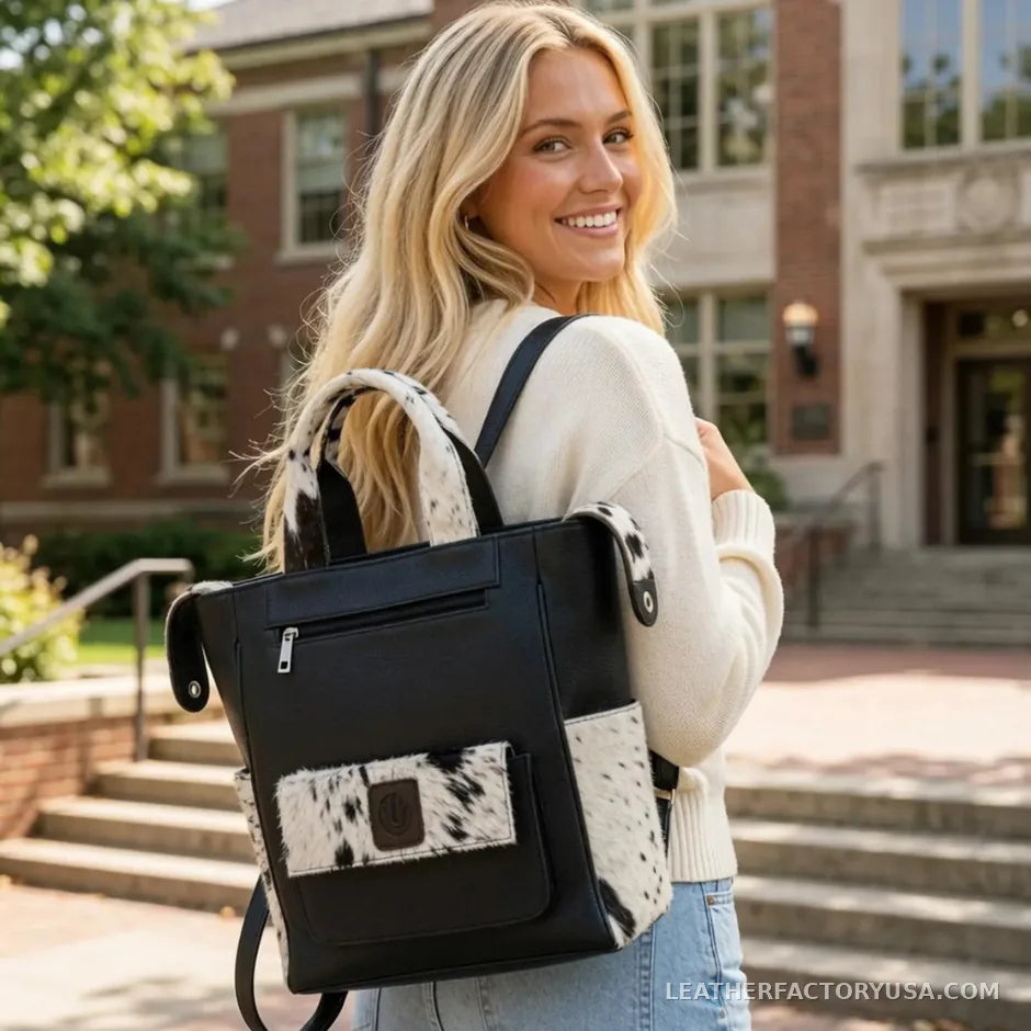Black and white hair-on cowhide backpack purse – worn as a backpack