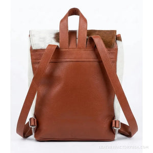 Brown and white hair-on cowhide drawstring backpack – dimensions 14 x 10 x 8 inches