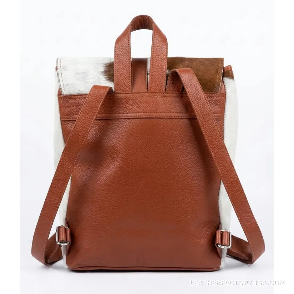 Brown and white hair-on cowhide drawstring backpack – back view with leather straps
