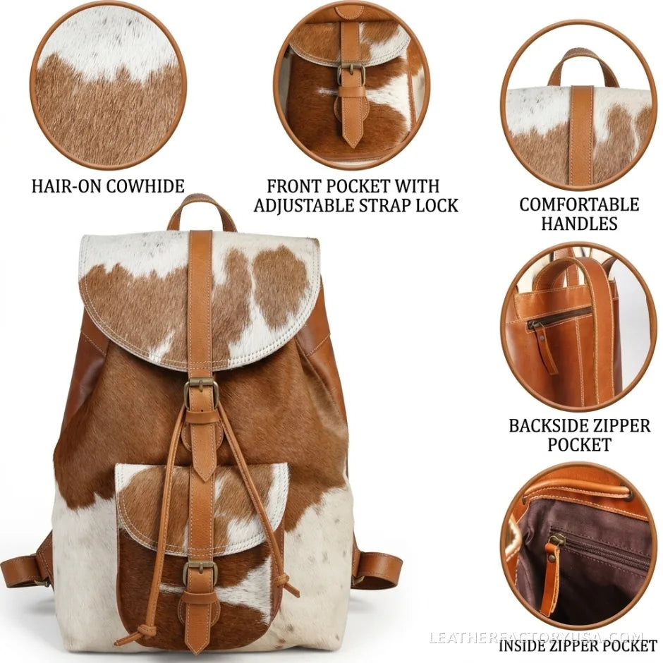 Brown and white hair-on cowhide drawstring backpack – details of front pocket, handle and zip pockets