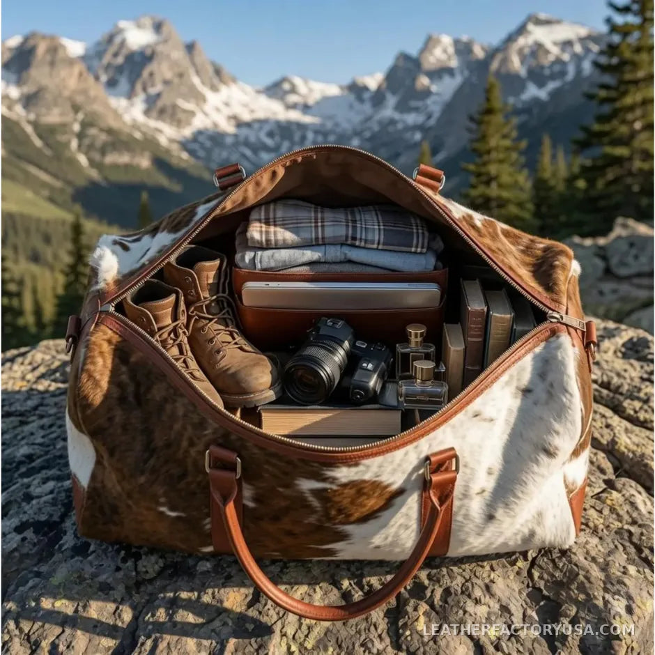 Brown and white hair-on cowhide duffle bag – packed for a weekend trip