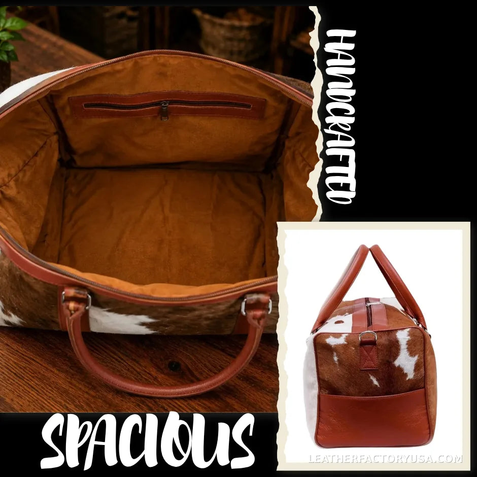 Brown and white hair-on cowhide duffle bag – lined interior with zip pocket