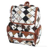Hair-on cowhide diamond patchwork backpack – front view with zip pockets