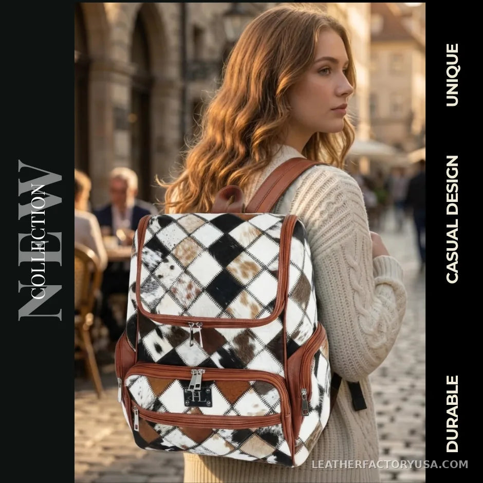 Hair-on cowhide diamond patchwork backpack – worn on a city street