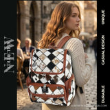 Hair-on cowhide diamond patchwork backpack – worn on a city street