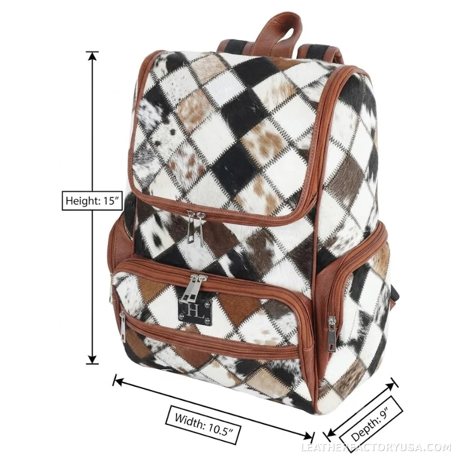 Hair-on cowhide diamond patchwork backpack – dimensions 15 x 10.5 x 9 inches