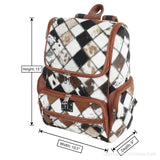 Hair-on cowhide diamond patchwork backpack – dimensions 15 x 10.5 x 9 inches