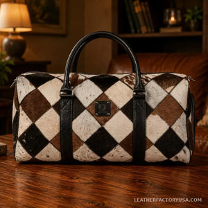 Diamond patchwork hair-on cowhide duffle bag – dimensions 20 x 12 x 10 inches