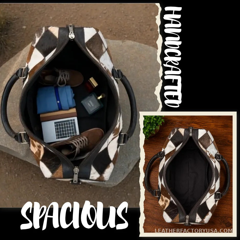 Diamond patchwork hair-on cowhide duffle bag – open interior packed for travel