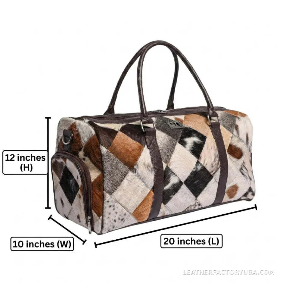 Diamond patchwork hair-on cowhide duffle bag – dimensions 20 x 12 x 10 inches
