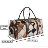 Diamond patchwork hair-on cowhide duffle bag – dimensions 20 x 12 x 10 inches