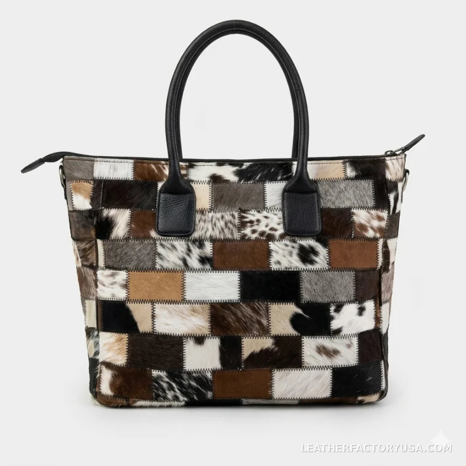 Multi-color hair-on cowhide patchwork tote bag – back view