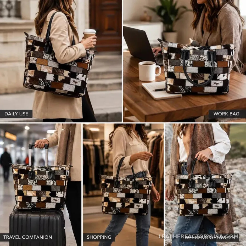 Multi-color hair-on cowhide patchwork tote bag – styled for work, travel and shopping