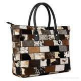 Multi-color hair-on cowhide patchwork tote bag – front view