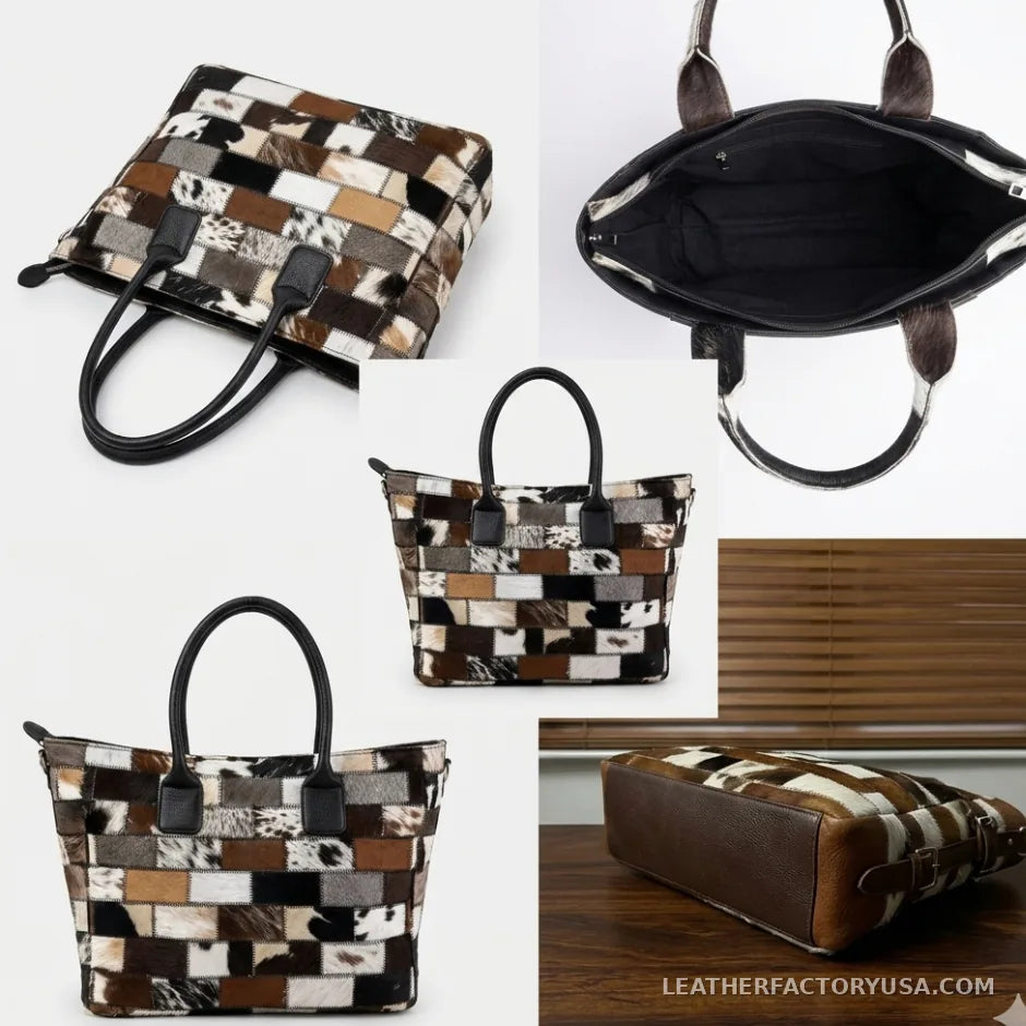 Multi-color hair-on cowhide patchwork tote bag – detail views of handles, interior and base