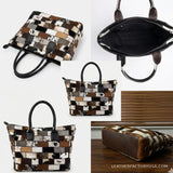 Multi-color hair-on cowhide patchwork tote bag – detail views of handles, interior and base