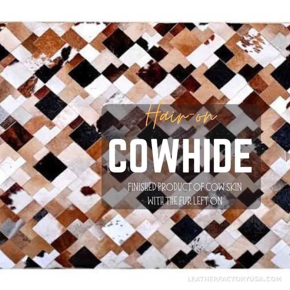 Multi-color hair-on cowhide patchwork tote bag – close-up of hair-on cowhide patchwork texture