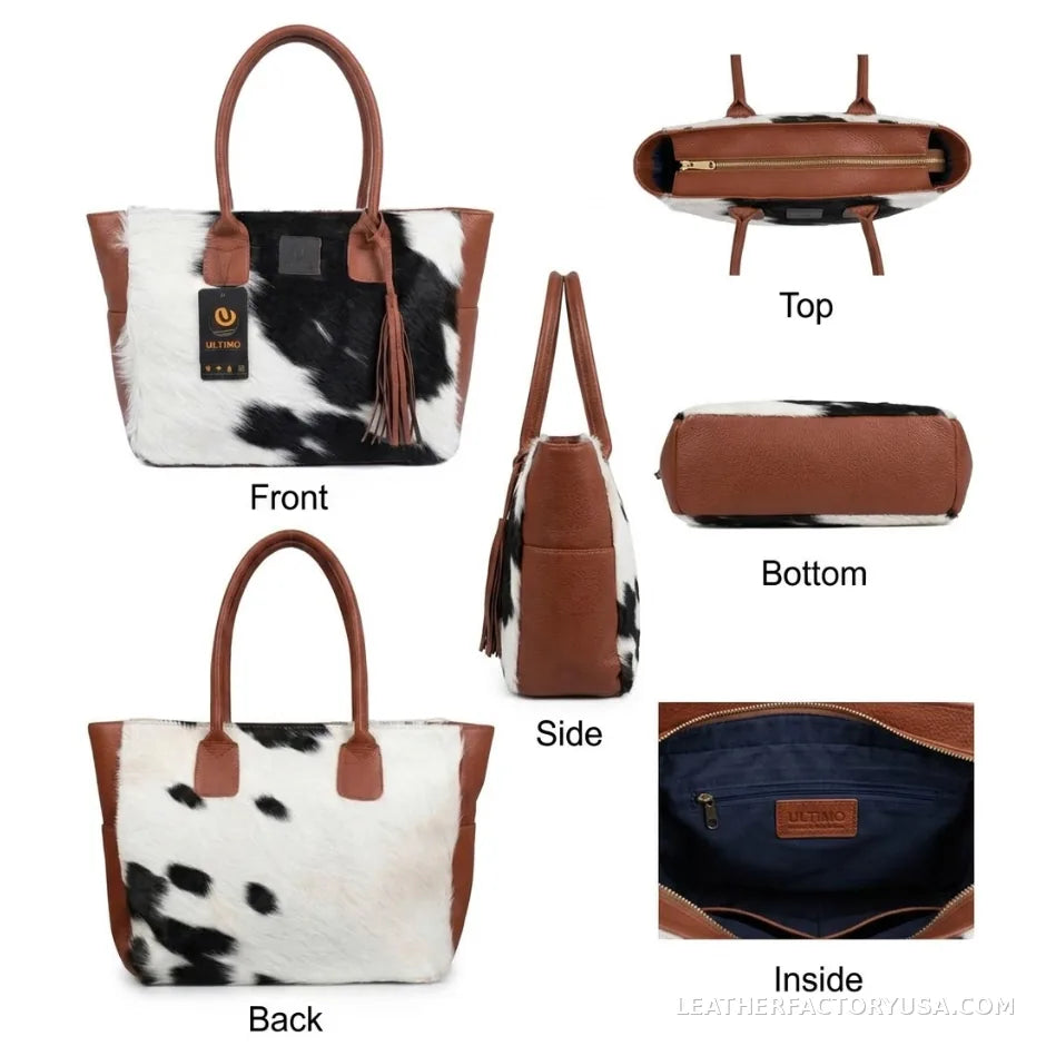 Black and white hair-on cowhide tote bag with tassel – front, back, side, top, bottom and inside views