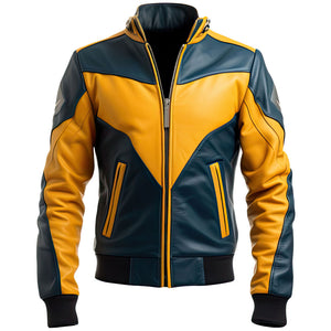 Winter Mustard-Yellow-Blue Genuine Sheepskin Leather Jacket For Men