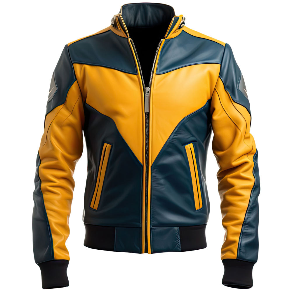 Winter Mustard-Yellow-Blue Genuine Sheepskin Leather Jacket For Men